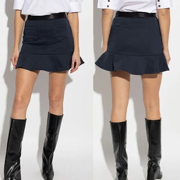NEW Ganni Fitted Flared Hem Front Pockets Cotton Mini Skirt Navy Blue Size: L - Picture 1 of 7